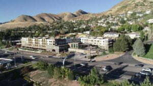 An exterior, aerial photo of The Ridge Senior Living