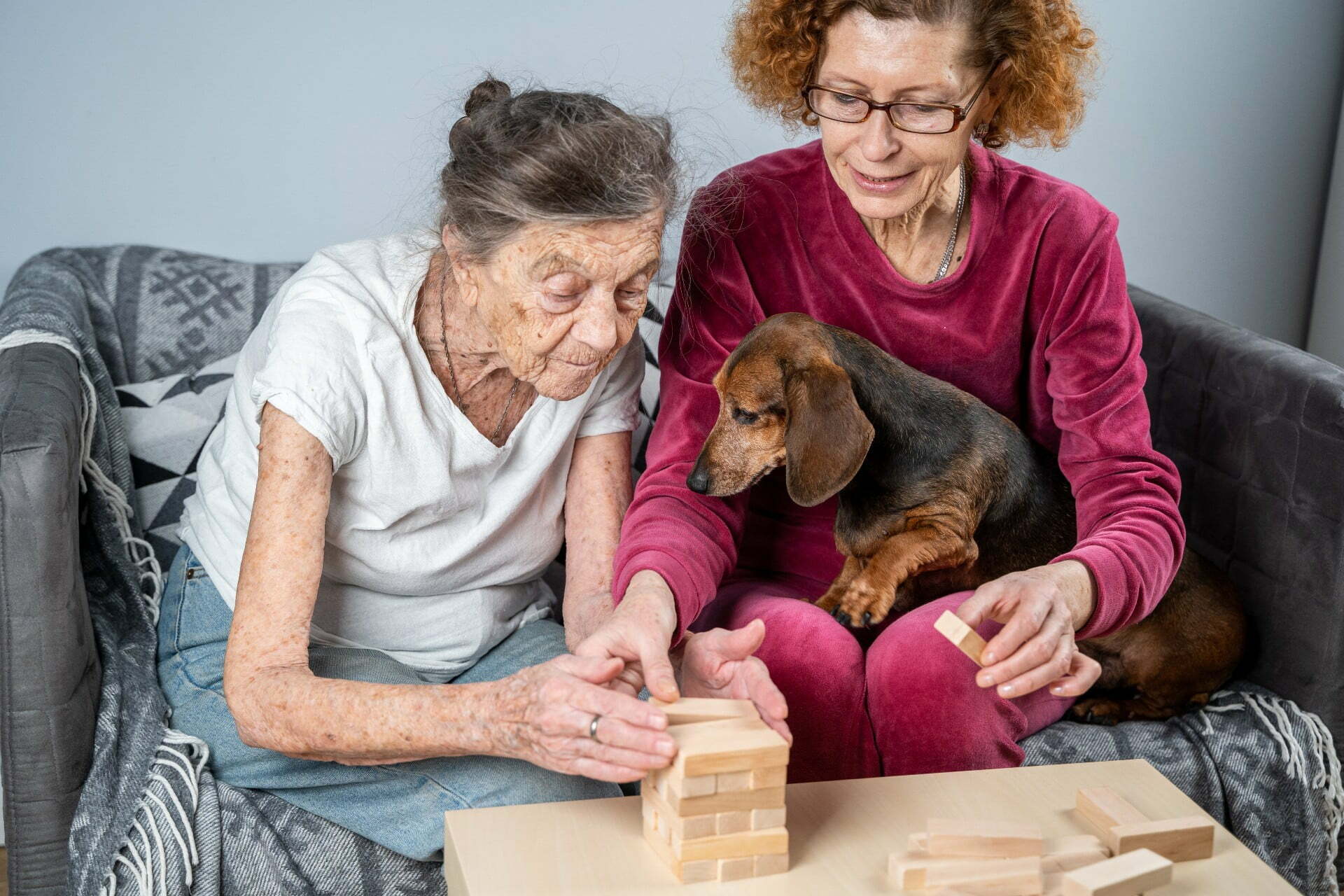senior woman builds tower of wooden blocks with volunteer assistant and her dog in nursing home.